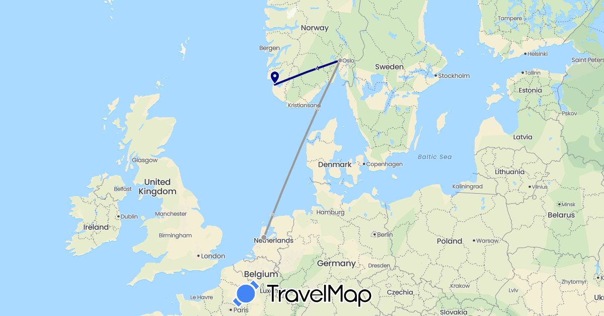 TravelMap itinerary: driving, plane in Netherlands, Norway (Europe)